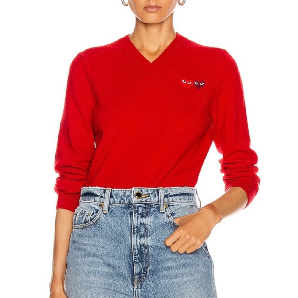 Comme Des Garcons PLAY Red V Neck Sweater - Size XS - NWT - 100% wool